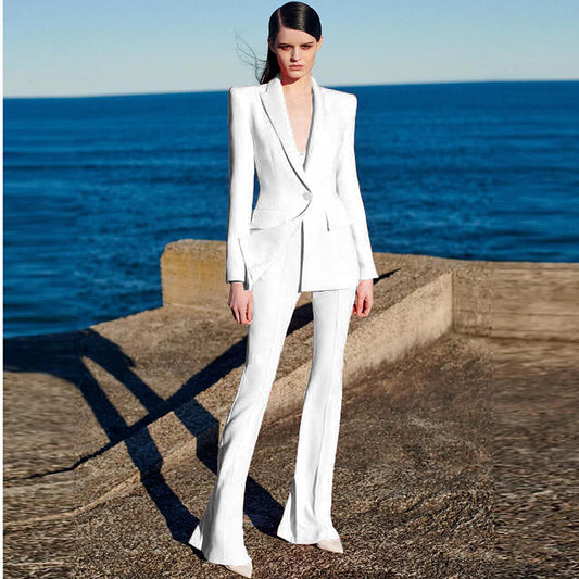 Chic One-Button Blazer And Flare Pants Set