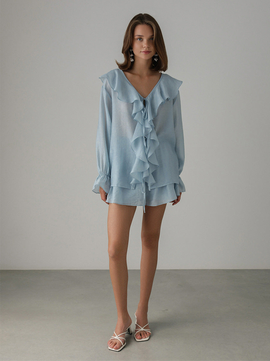 French V-Neck Ruffle Sleeve Shirt and Shorts Set