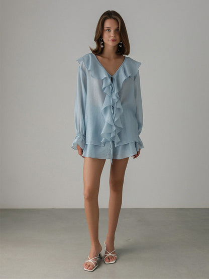 French V-Neck Ruffle Sleeve Shirt and Shorts Set
