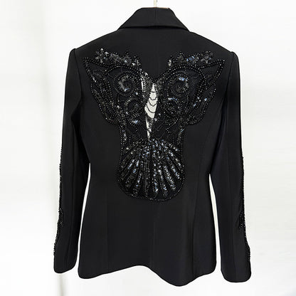 Fashionable Sheer Overlay Embellished Blazer & Chiffon Trousers Set