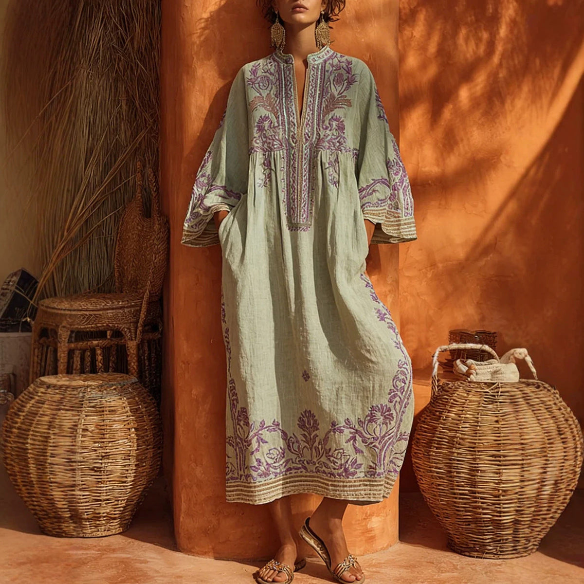 Embroidered Linen-Blend Kaftan Maxi Dress
