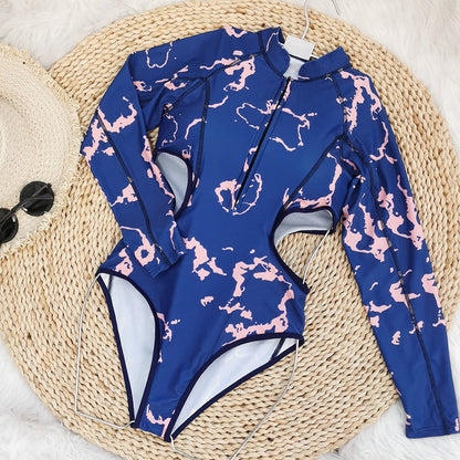 Long Sleeve Swimsuit Women'S Surfwear Cutout Zipper High Waist Print Swimsuit
