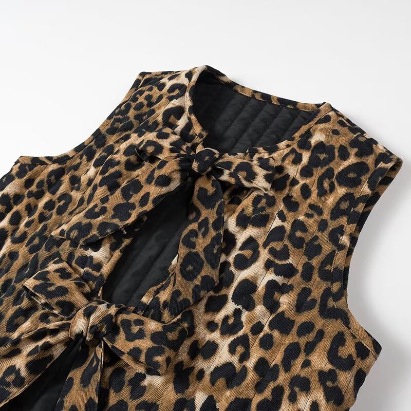 Corduroy Leopard Bow Casual Padded Vest