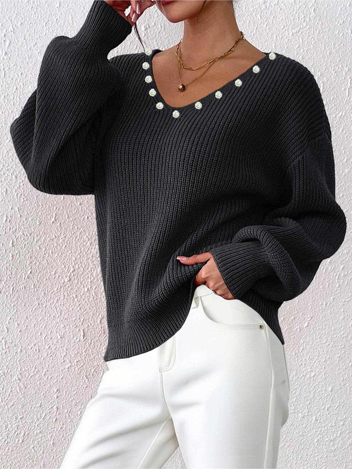 Loose Fit Pearl V-Neck Sweater For Women Casual Street Style