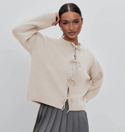 Autumn And Winter Casual Loose Cardigan Lace-Up Solid Color Knitted Sweater Women
