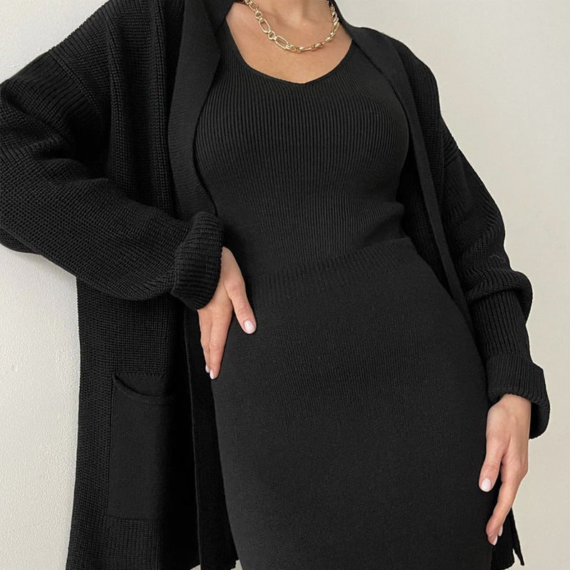 2 Pcs Solid Color Cardigan Sweater Skirt Set