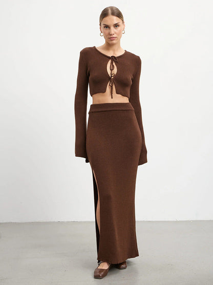 Elegant Bell Sleeve Cardigan & Maxi Skirt Set