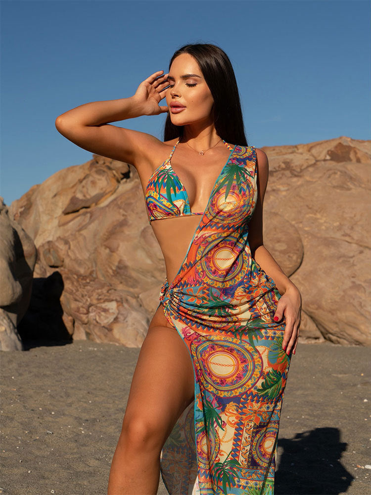 3PCS Sexy Print Halter Mesh Bikini Swimwear