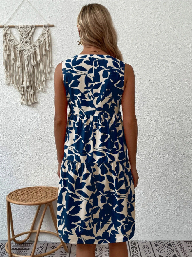 Women'S Bohemian Fashion Loose Vneck Pleated Print Dress For Women