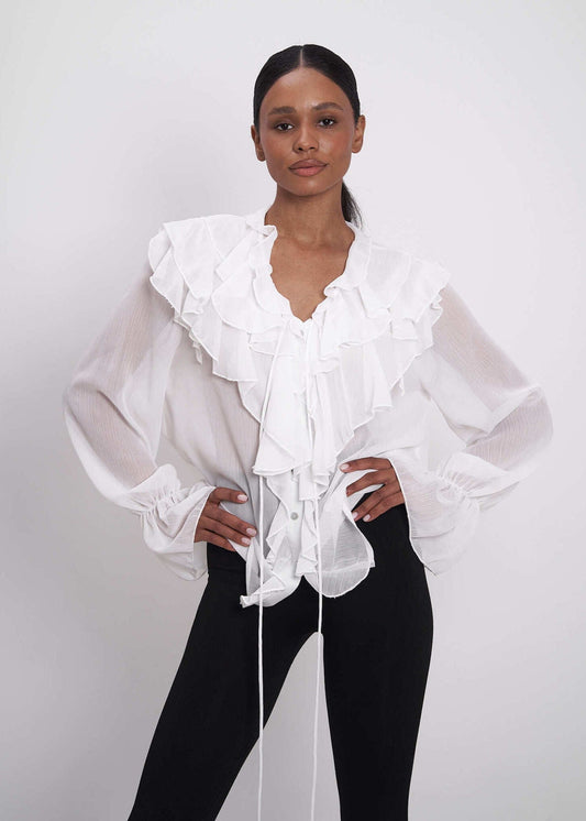 Sheer Chiffon Blouse With Ruffled Bell Sleeves