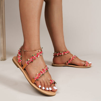 Flat Toe Colored Sandals Woman Bohemian Outside Wearing Beach Sandals
