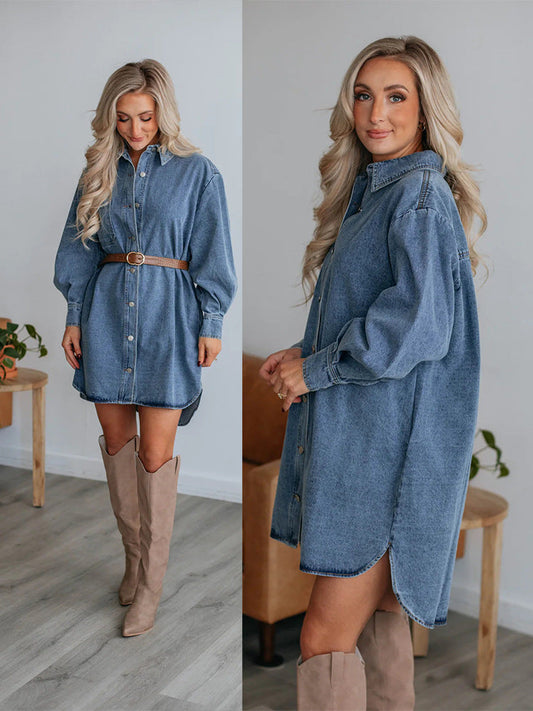 Button Design Slimming Long Sleeve Denim Dress