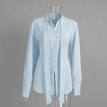 Crossover Tie Front Shirt Women Solid Cotton Long Sleeve Cardigan