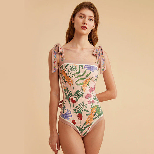 Double Fabric Vintage Print Swimsuit One-Piece Swimsuit Women