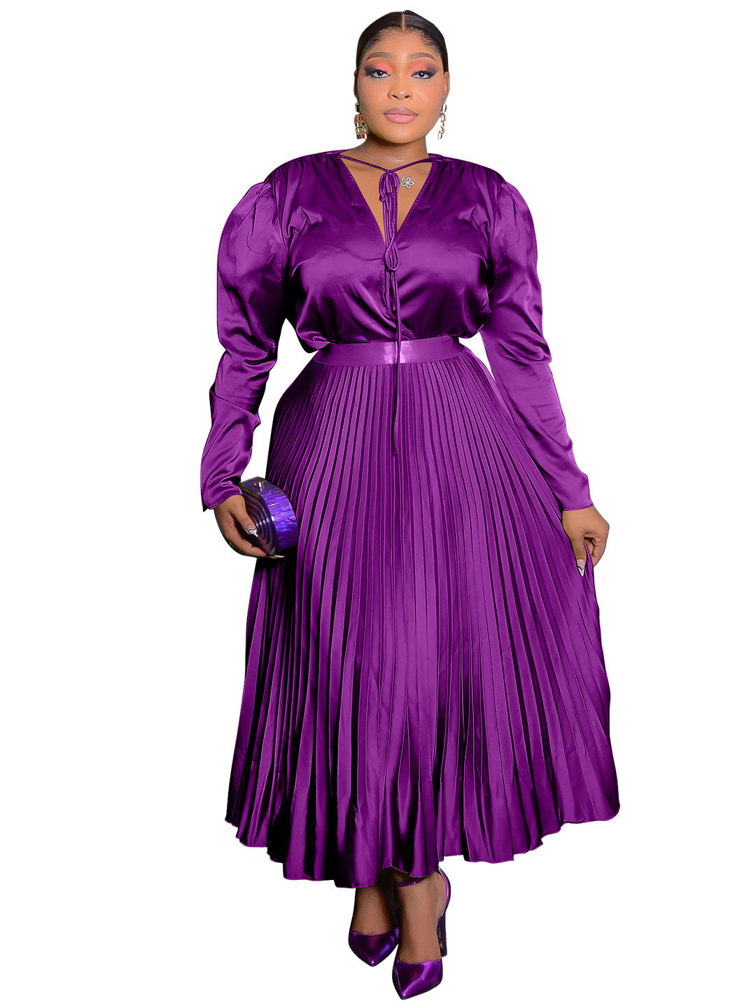 Elegant Solid Color Long Sleeve Dress Set