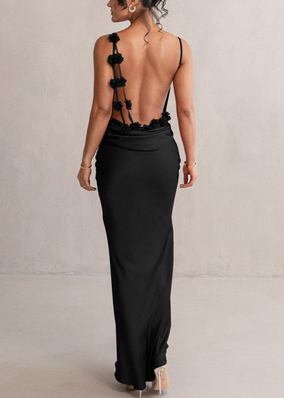 Satin Evening Gown With Cowl Neck And Floral Detail