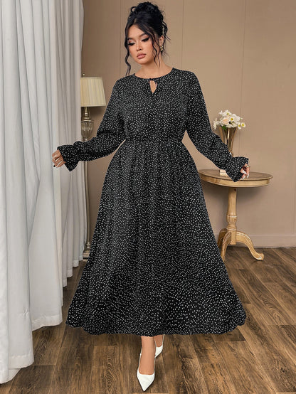 Plus Size Polka Dot Chiffon Dress With Flared Sleeves