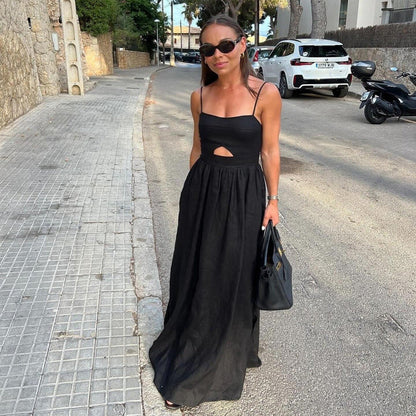 Black Breathable High-Waisted Midi Dress Elegant Casual