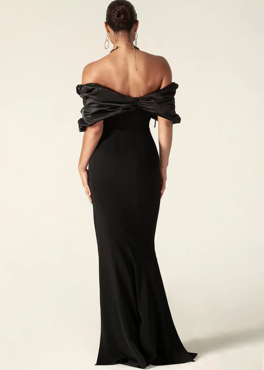 Off Shoulder Satin Evening Gown With Thigh Slit