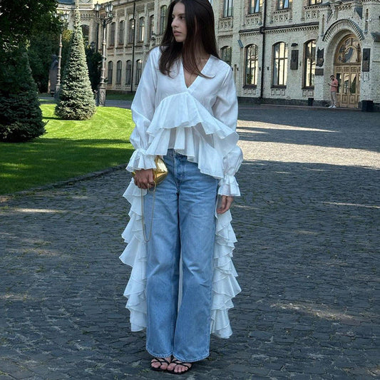 Ruffled Edge V-Neck Blouse with Bell Sleeves
