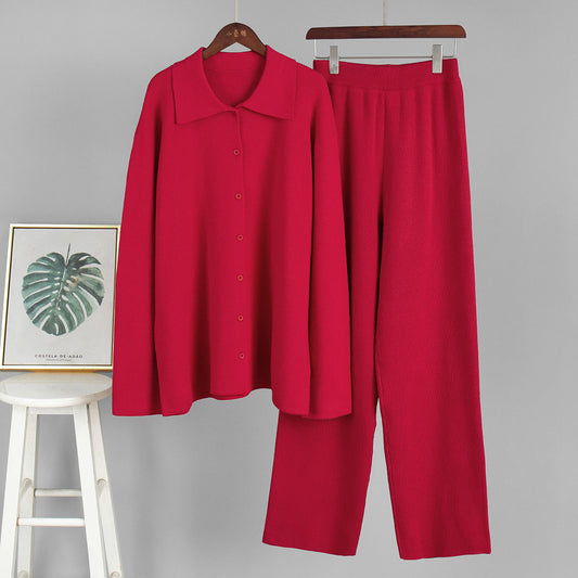 Knitted Sweater Set With Collared Long Sleeves Casual Commuter Style