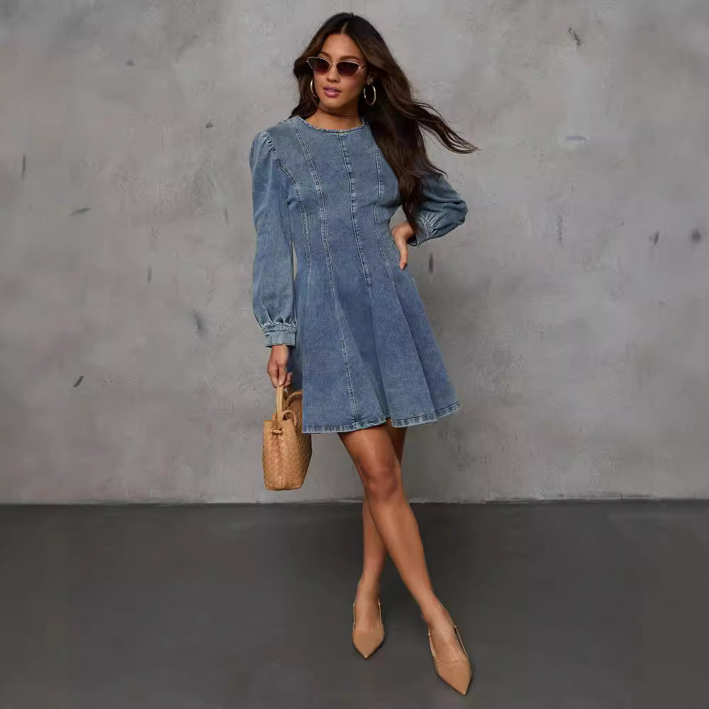 Elegant Denim Long Sleeve Dress with Waist Tie