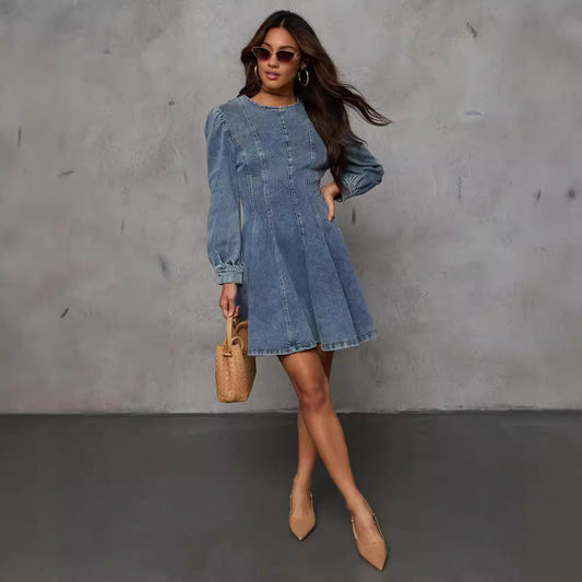 Elegant Denim Long Sleeve Dress with Waist Tie