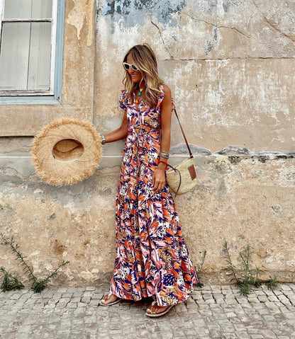 Summer Casual Women'S Print Maxi Dress Sleeveless V-Neck Swing Dress