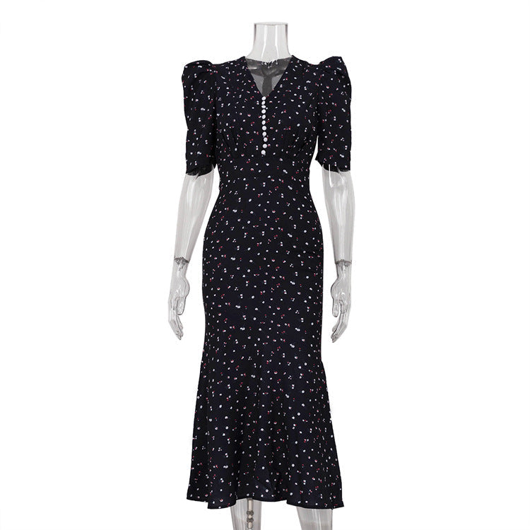French Floral Printed Summer High Waist Maxi Dress