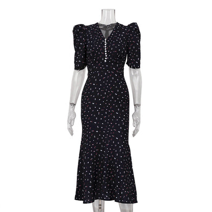 French Floral Printed Summer High Waist Maxi Dress