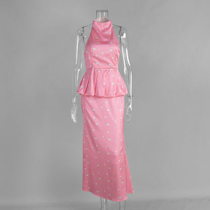 Floral Print Satin Vest Dress Set