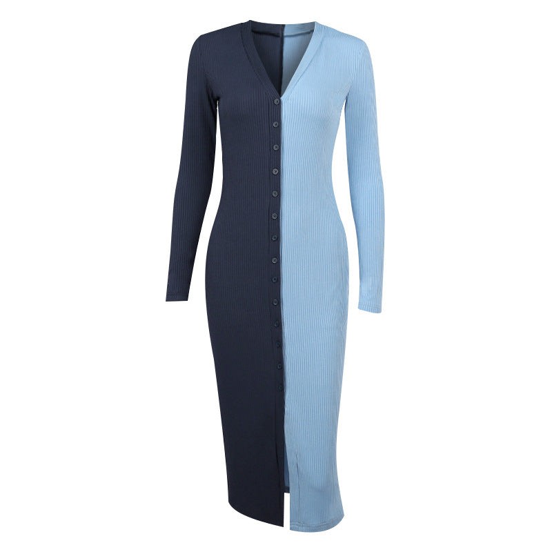 Women'S Autumn New Temperament Commuter Color Matching Button High Waist Long Dress