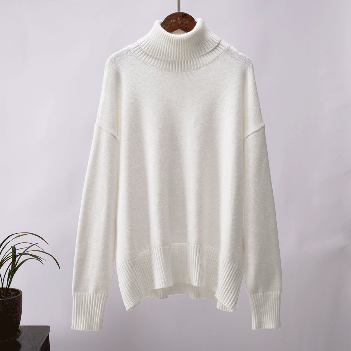 High Neck Knitted Sweater for Women Classic Solid Color Casual Pullover