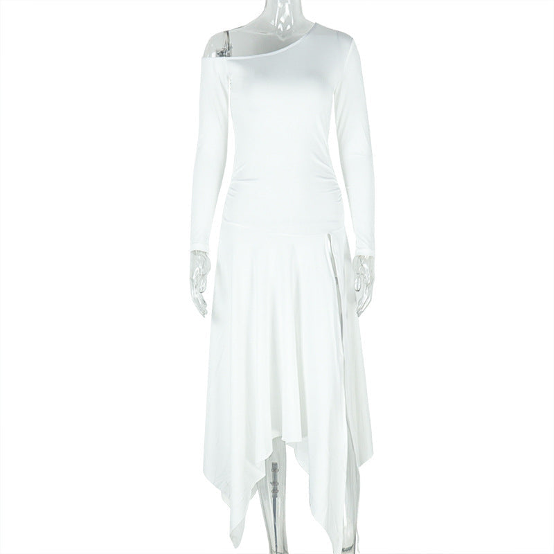 Trendy Solid Color Asymmetrical Dress With One-Shoulder Design
