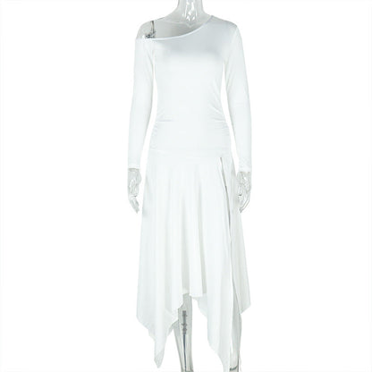 Trendy Solid Color Asymmetrical Dress With One-Shoulder Design