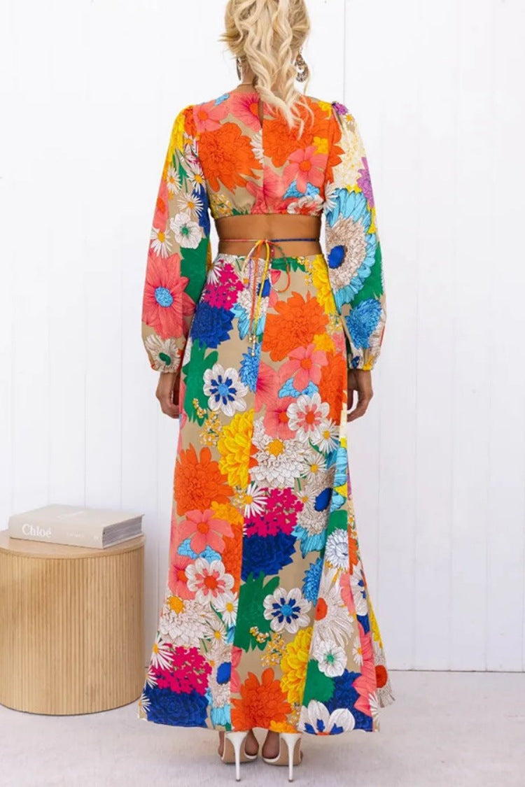 Autumn New Long Sleeve Dopamine Print Lace Up Waist Holiday Street Fashion Dress