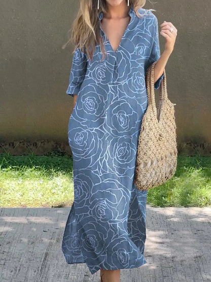 New Casual Summer Loose Skirt Slit V-Neck Print Imitation Hemp Dress Cotton