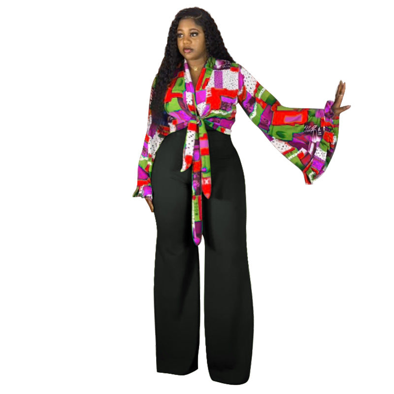 Floral Print Bell Sleeve Top And Wide-Leg Pants Set