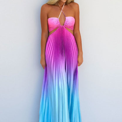 Gradient Color High-Waisted Dress Elegant Backless Maxi Dress