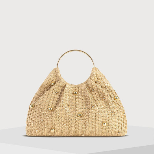Straw Metal Handle Tote Handbag