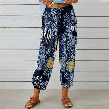 Cotton And Linen Women'S Pants High-Waisted Drawstring Cropped Pants Elasticated Waist Corset Retro Print Pants