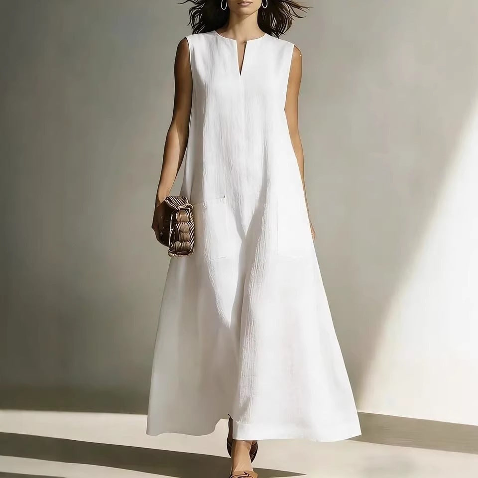 Linen Sleeveless Split Neck Pocket Tent Maxi Dress