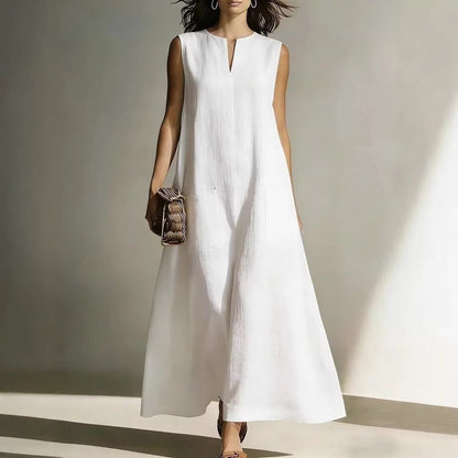 Linen Sleeveless Split Neck Pocket Tent Maxi Dress