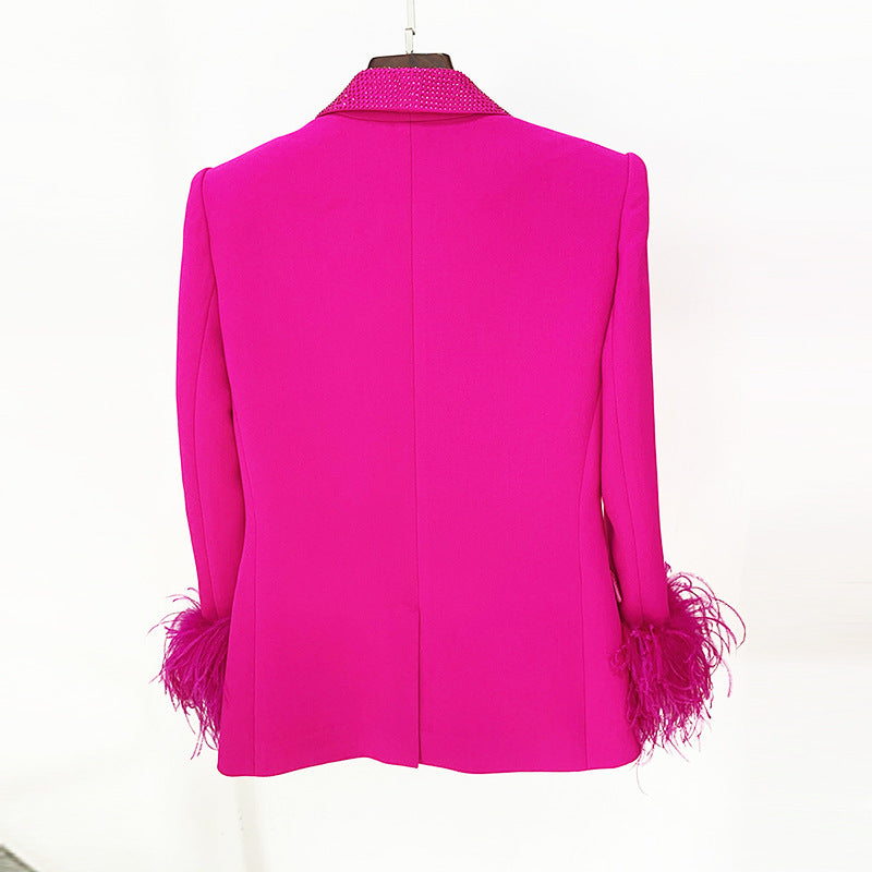 Luxury Ostrich Feather Trimmed Blazer With Rhinestones