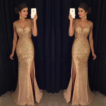 Gold Foil V Neck Maxi Dress With A-Line Skirt
