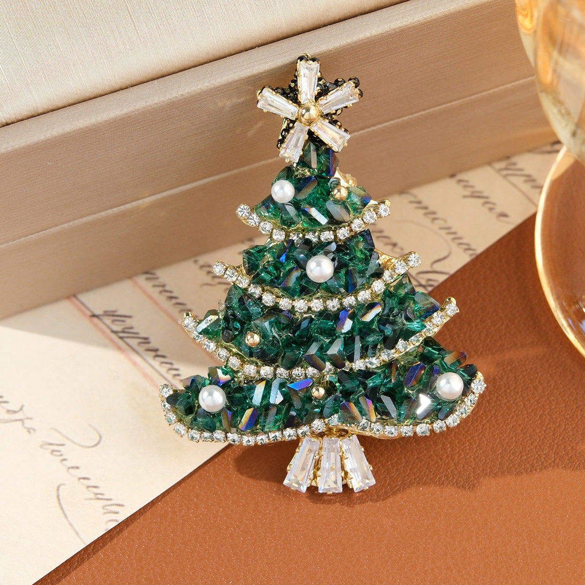 Elegant Crystal Pearl Christmas Tree Brooch