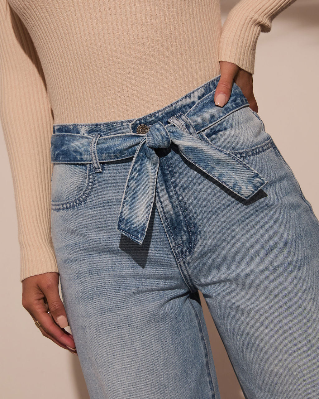 Elegant Tie Front High Waisted Straight Leg Jeans