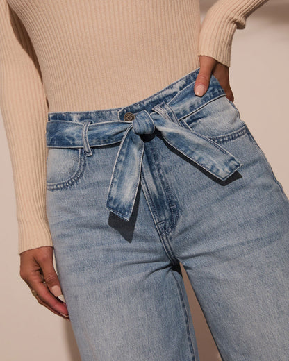 Elegant Tie Front High Waisted Straight Leg Jeans