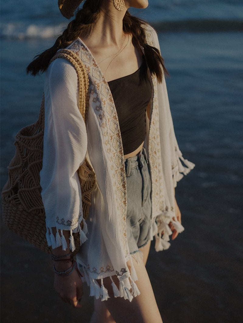 Ethnic Style Embroidery Bohemian Tassel Cardigan, Elegant And Super Immortal Sun Protection Shirt, Beach Outerwear, Loose And Thin Jacket