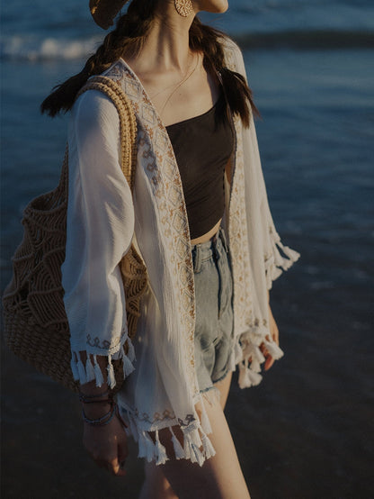 Ethnic Style Embroidery Bohemian Tassel Cardigan, Elegant And Super Immortal Sun Protection Shirt, Beach Outerwear, Loose And Thin Jacket